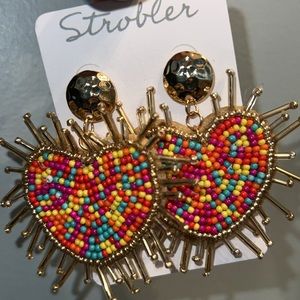 NWT Beaded multicolor, gold fringe, heart drop earring for pierced ears